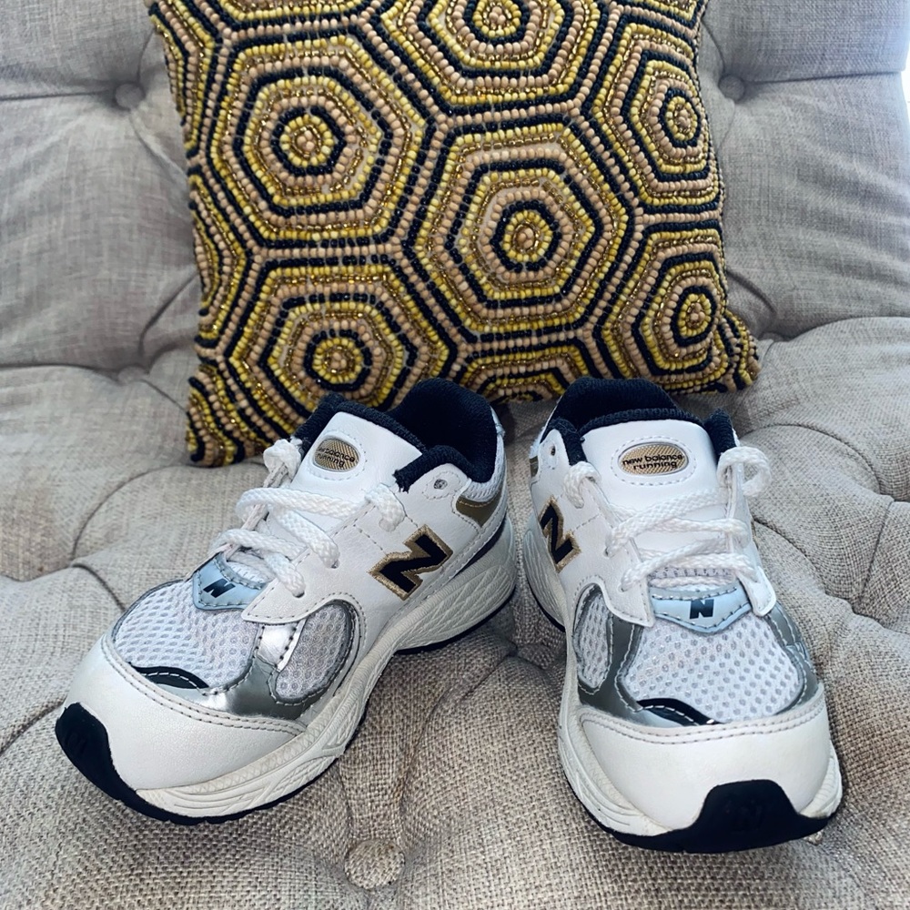 New Balance 2002 Toddler White, Black, and Gold Sneakers, Size US 8